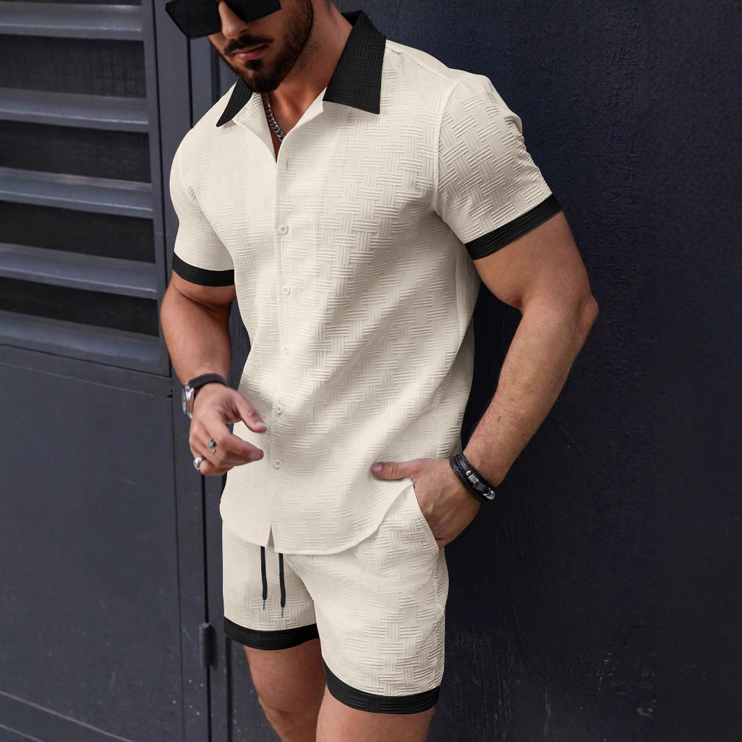 Men's jacquard texture shirt and shorts set, lapel collar, relaxed fit, geometric weave pattern