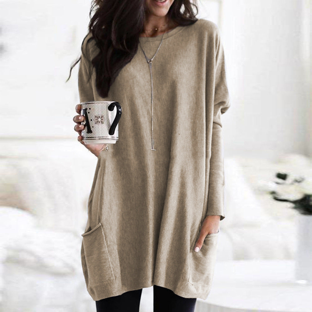 Women's cozy long sleeve sweater in classic neutral tone, relaxed everyday fit, all-season essential staple