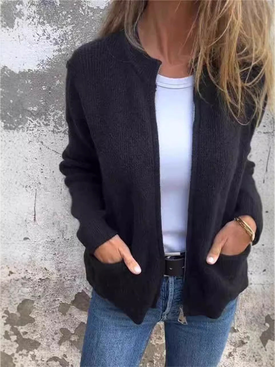 Women's ribbed knit jacket stand-up collar zip front loose relaxed fit everyday outerwear