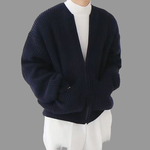 Men's oversized cotton blend cardigan jacket, band collar full-zip layering piece in neutral tone