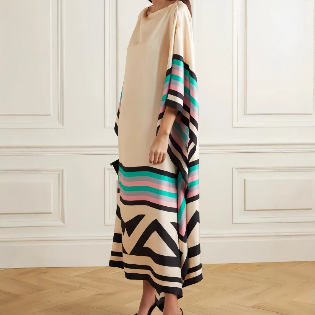 Women's striped one-shoulder maxi dress loose fit asymmetric hem chic versatile style