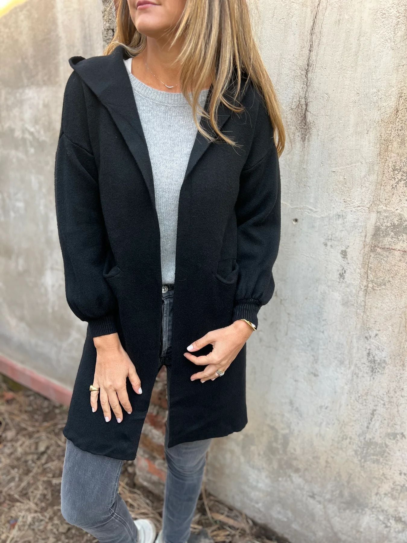 Women's beige hooded knit cardigan open-front relaxed fit with attached hood for cozy layering