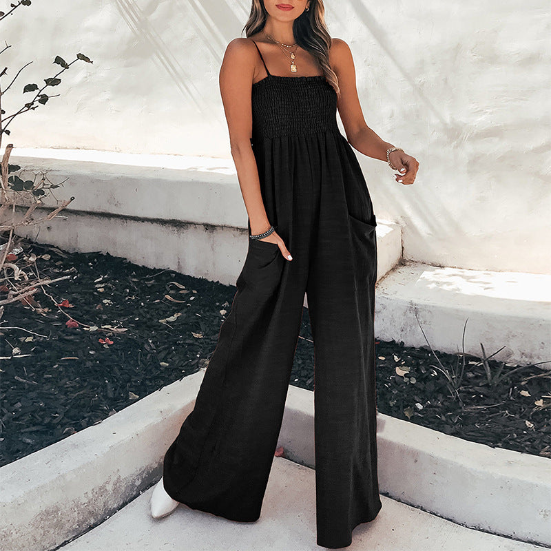 Women's relaxed fit spaghetti strap jumpsuit with ruched bodice, pockets, ankle length lightweight