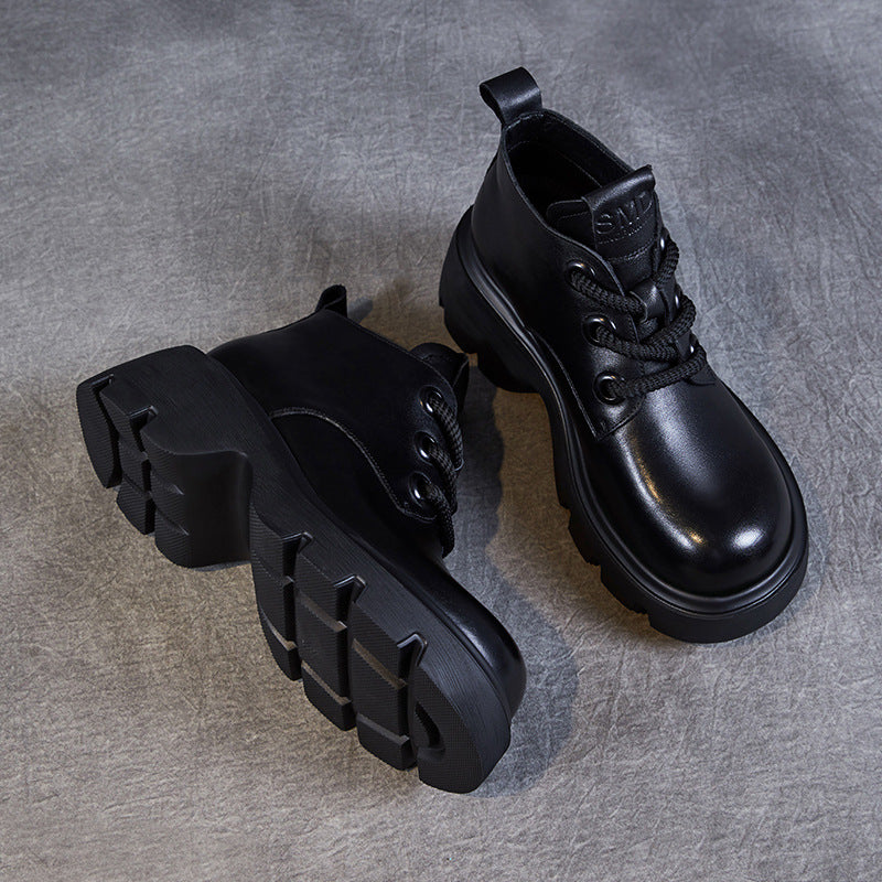 Women's black lace-up ankle boots high shaft thick chunky sole genuine leather comfort fit