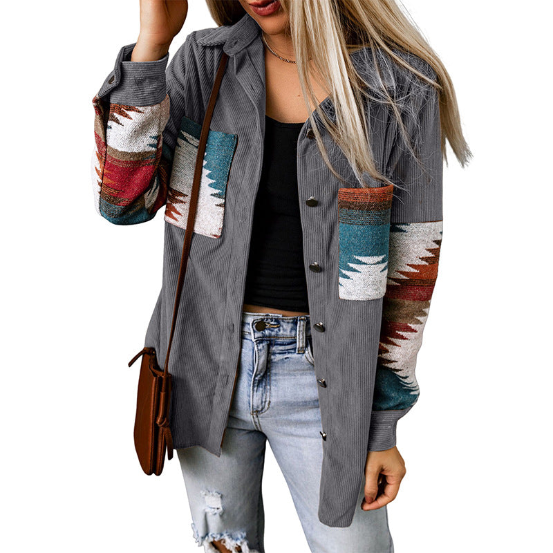 Women's corduroy cardigan jacket relaxed fit with Aztec pattern and button closure