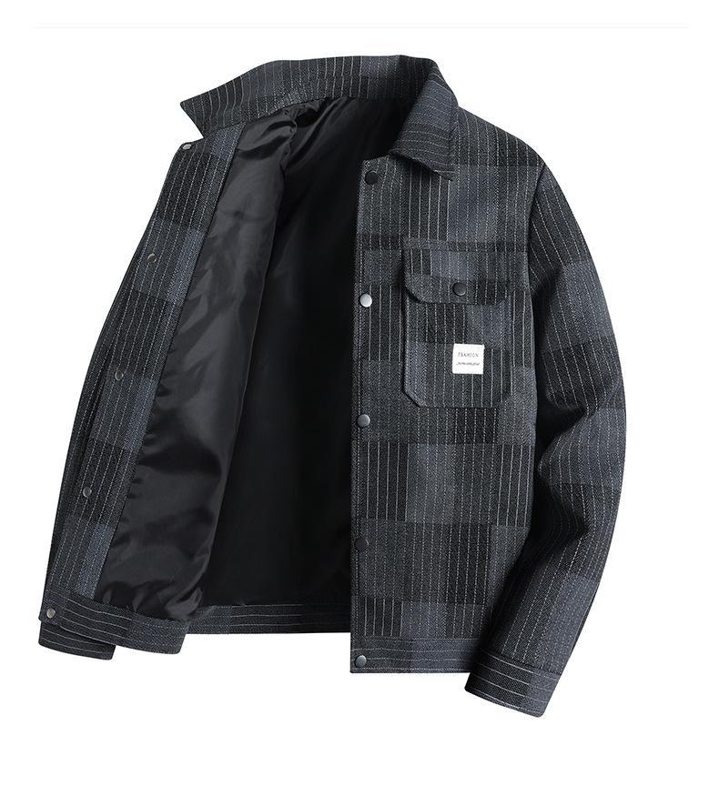 Men's navy pinstripe tailored jacket with structured down collar for smart casual refined fit