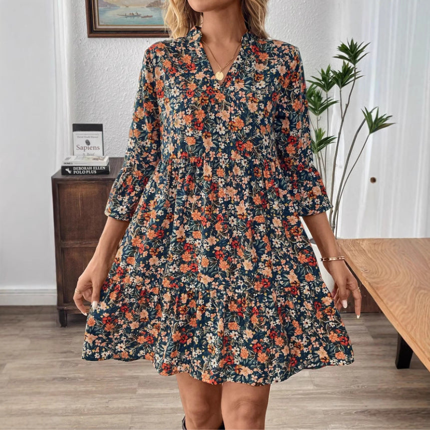 Women's floral A-line dress light cotton V-neck 3/4 ruffle sleeves breathable casual summer style
