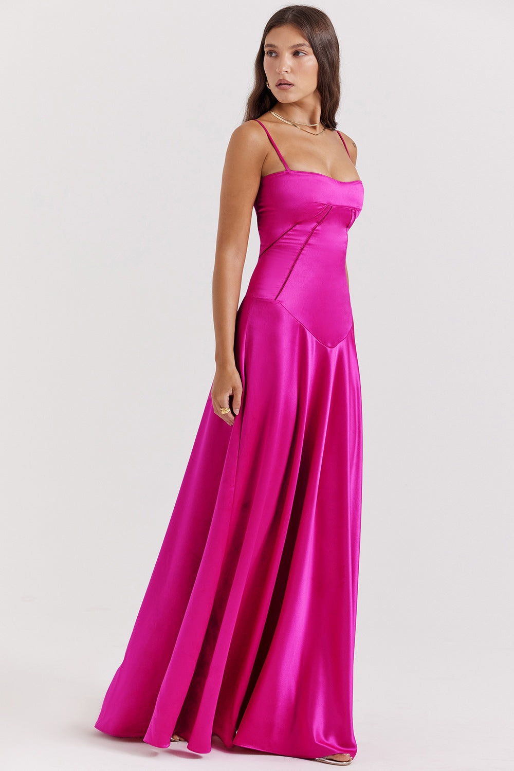 Women's satin A-line long dress with spaghetti straps and cut-out waist detail for glamorous evenings