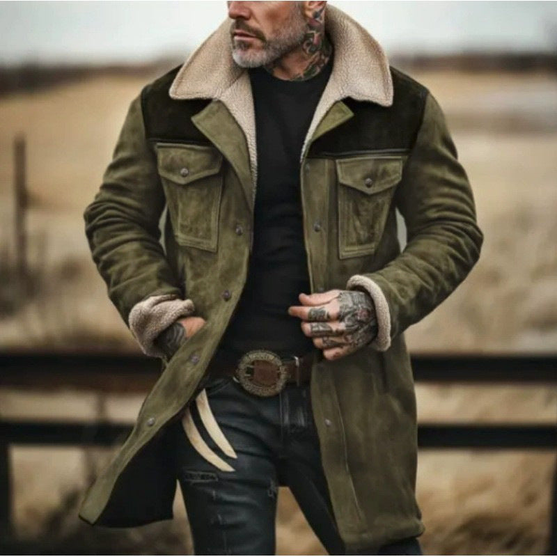 Men's mid-length tailored jacket with shearling collar, button-front casual outerwear in neutral tone