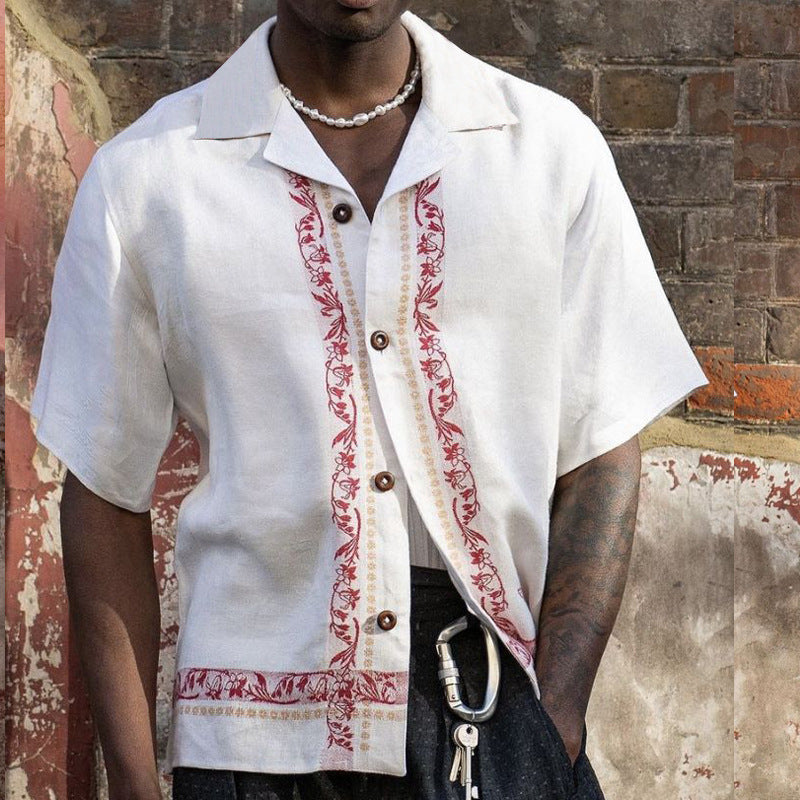 Men's linen blend short sleeve shirt relaxed fit with embroidered trim detail