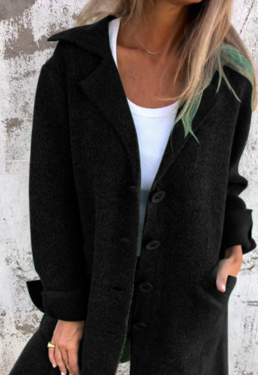 Women's mid-length wool-feel coat relaxed fit lapel collar single-breasted everyday elegance