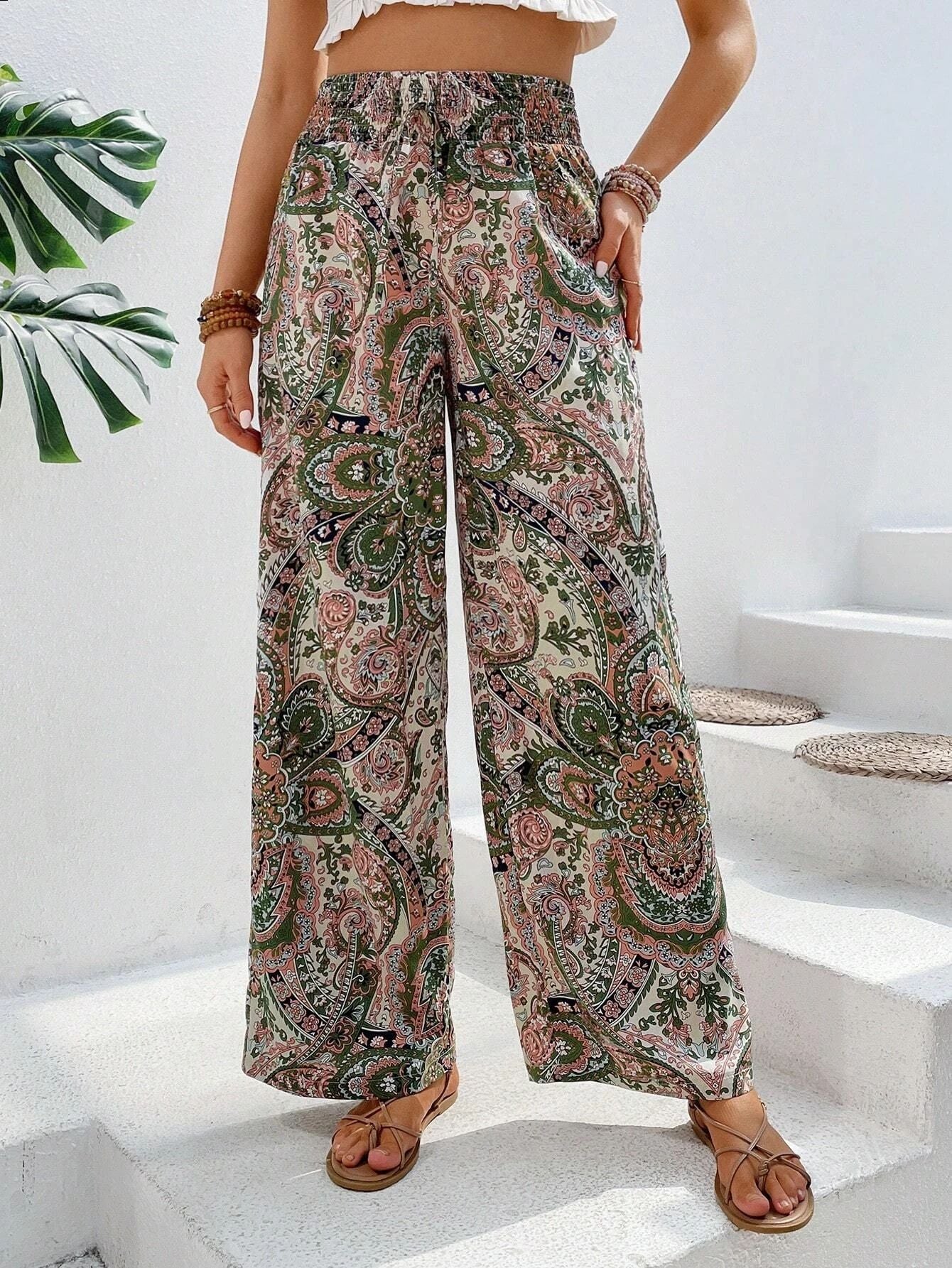 Women's wide-leg boho print pants relaxed fit lightweight draped fabric with elastic waist