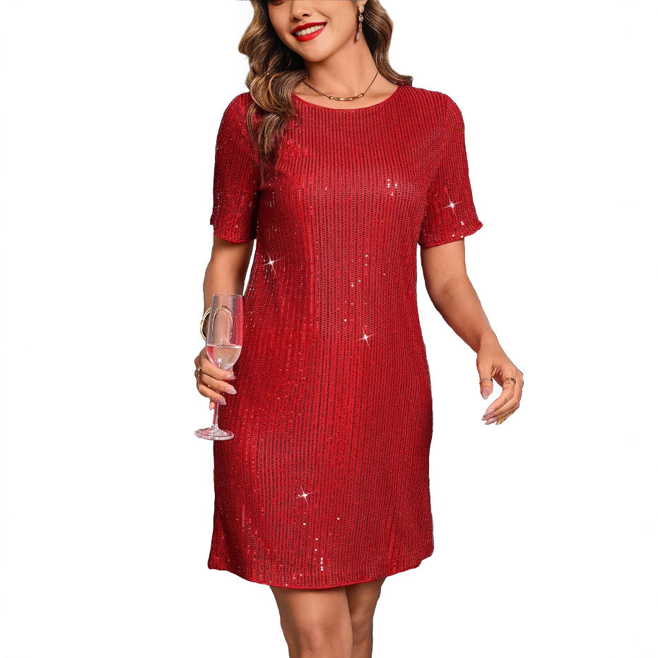 Women's silver sequin mini dress relaxed fit short sleeves sparkling party style
