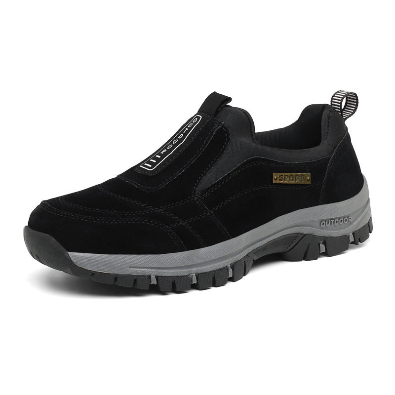 Men's slip-on hiking shoes in rugged trail style with ankle support and durable outsole