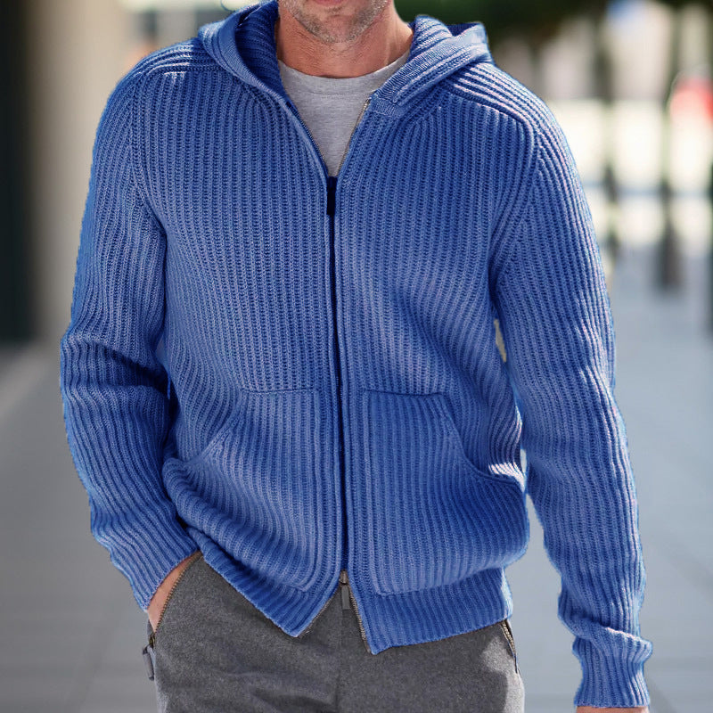 Men's grey hooded knit cardigan relaxed fit ribbed texture full-zip casual layering wool blend