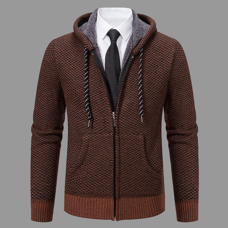 Men's grey hooded cardigan knit blend full-zip with ribbed cuffs for smart casual layering