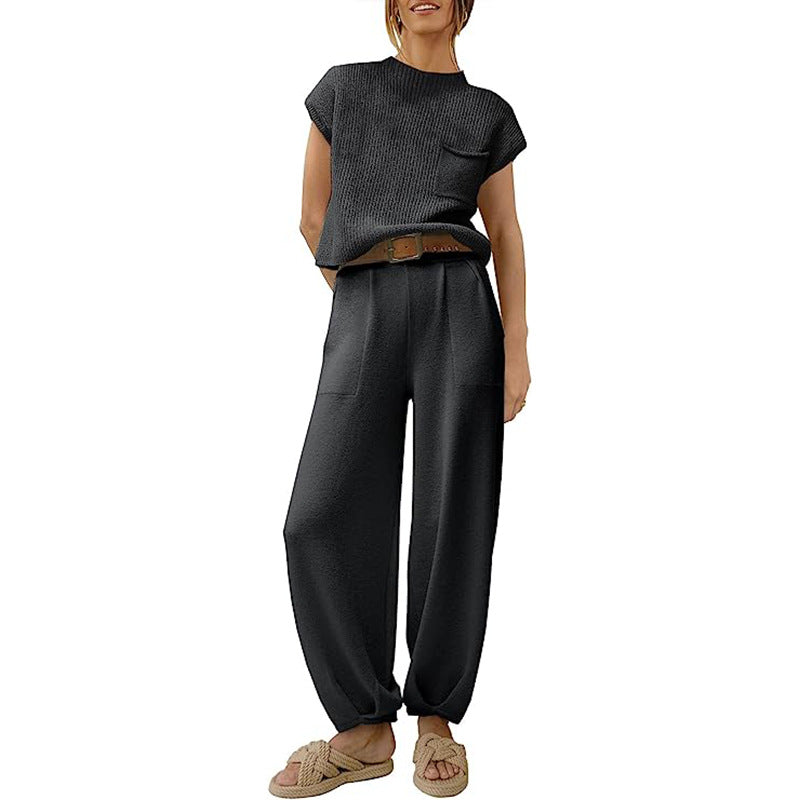 Women's soft cotton knit two-piece set cropped top with chest pocket and high waist wide leg pants