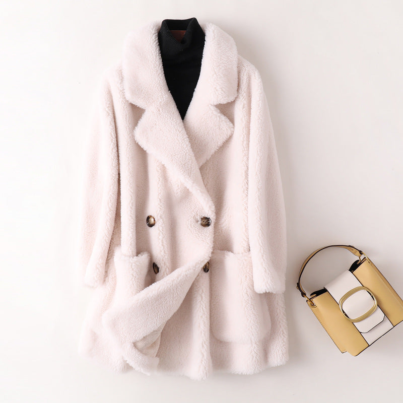 Women's camel teddy coat double-breasted mid-thigh length with luxurious plush faux fur texture