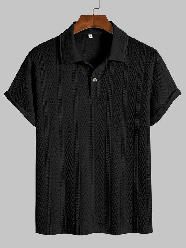 Men's jacquard polo shirt with chevron texture, half-button collar, roll-up cuffs, lightweight breathable fit