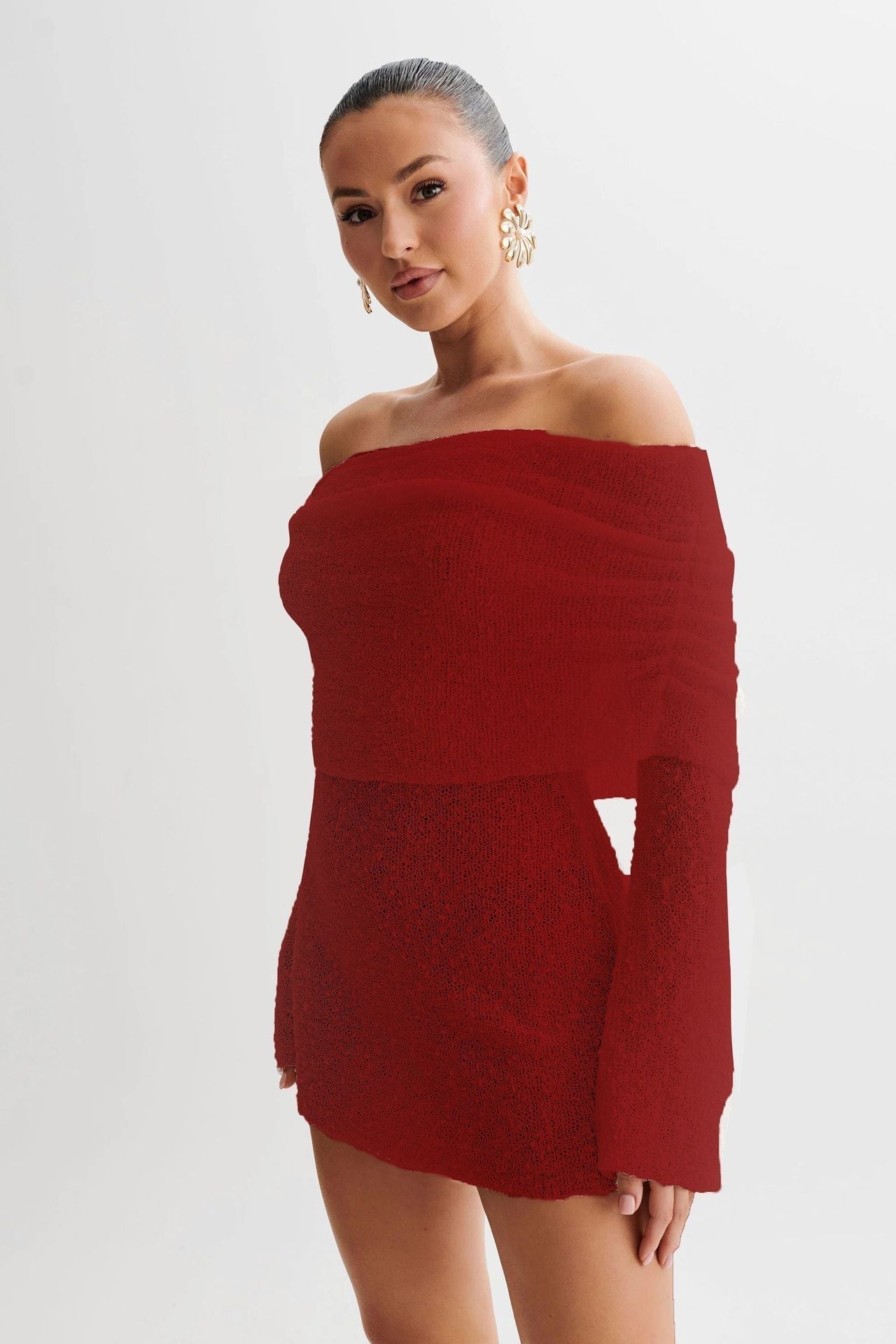 Women's off-shoulder slim fit knit beach dress, long sleeve semi-transparent light fabric coastal chic