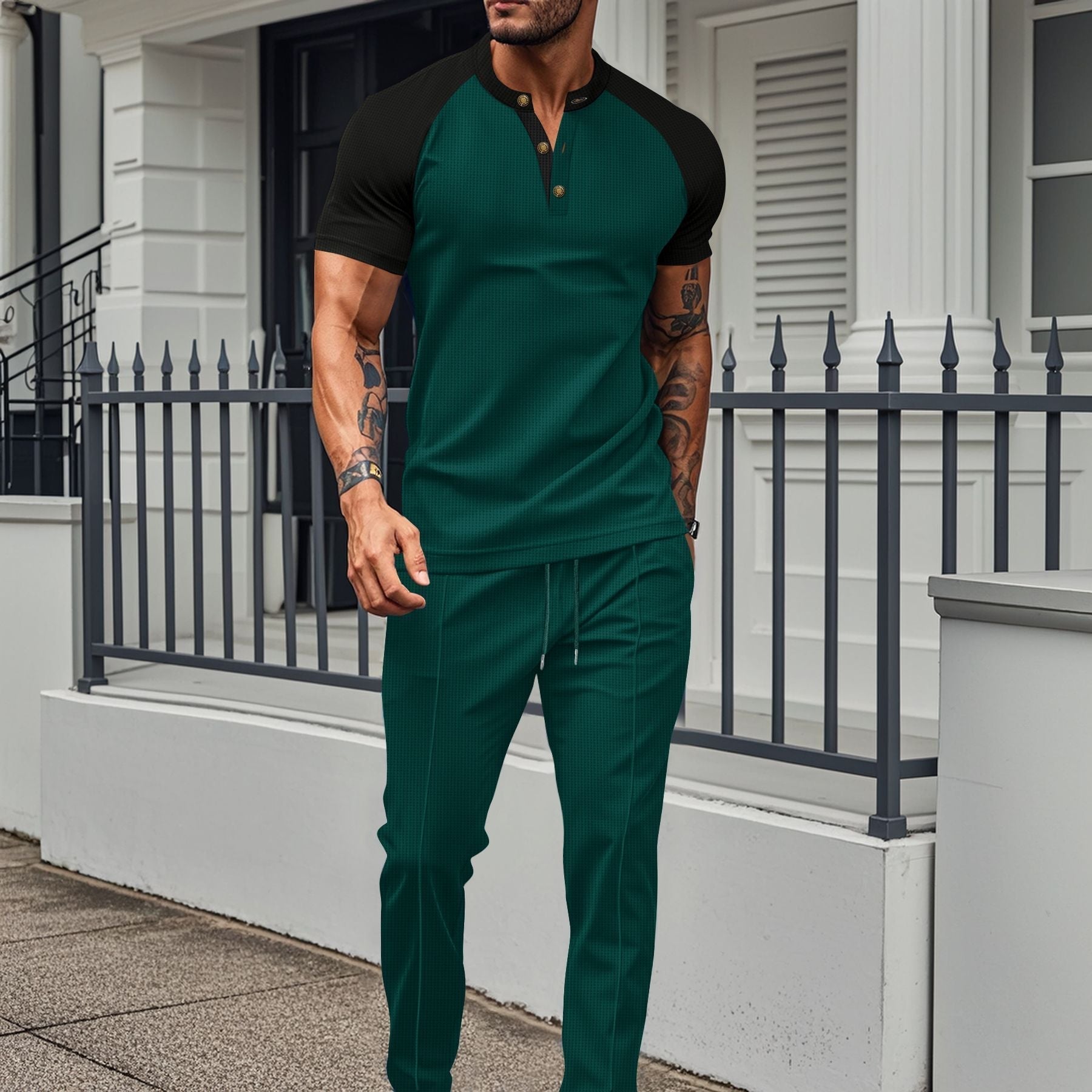 Men's gray athletic training set slim fit breathable stretch short-sleeve top with modern design