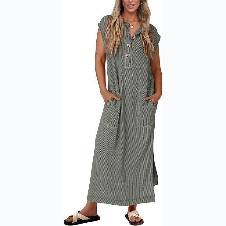 Women's relaxed fit maxi dress cotton-linen blend cap sleeves with practical side pockets