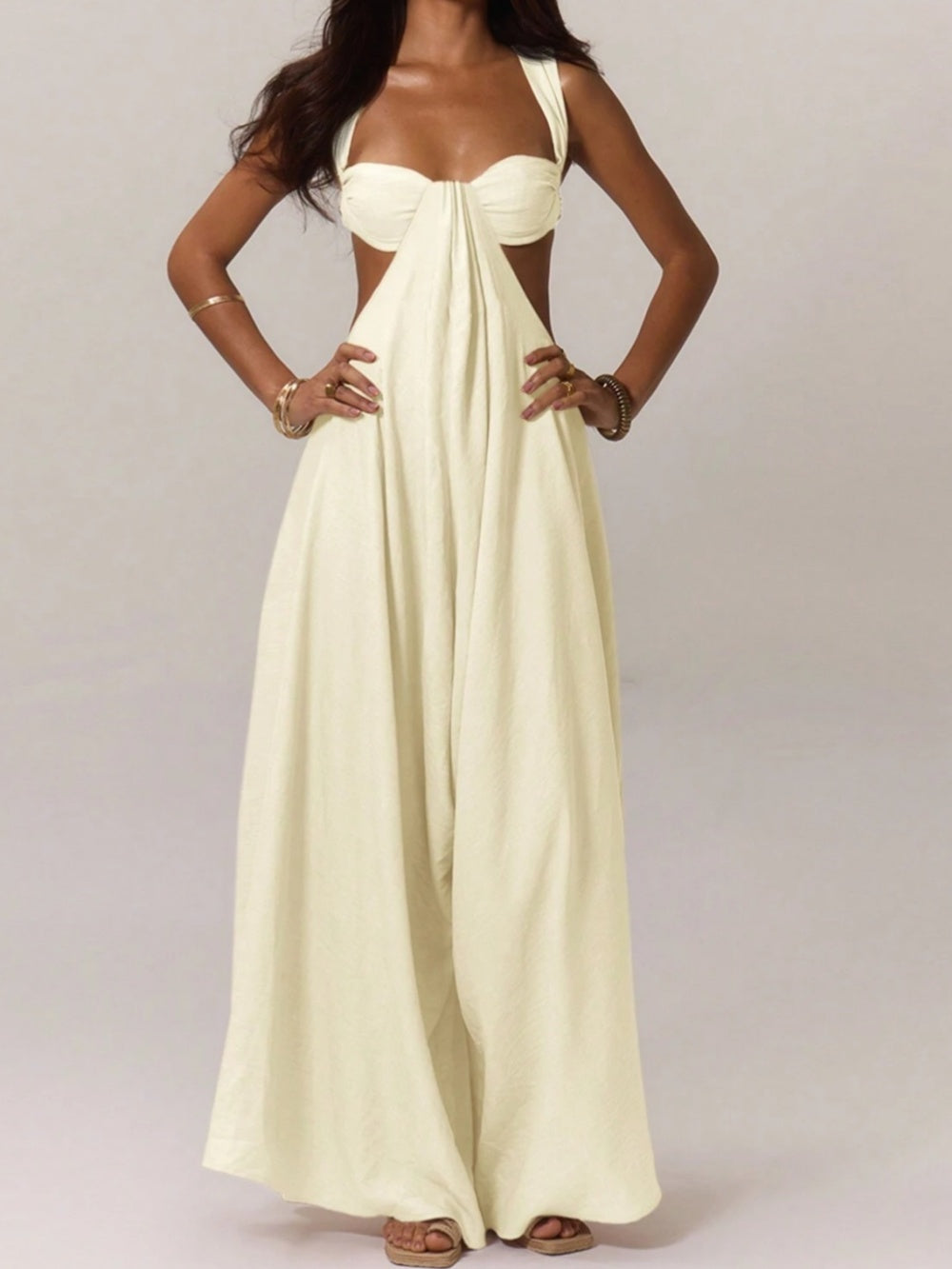 Ice silk wide-leg jumpsuit women pleated panels high waist sleeveless chic one-piece