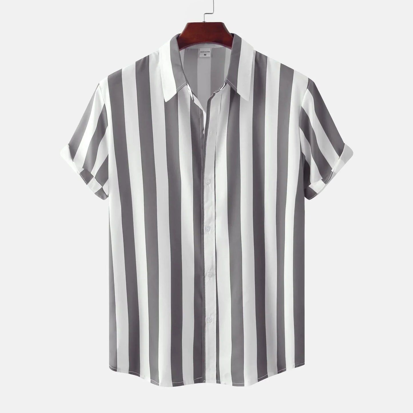 Men's short sleeve button-down shirt vertical stripes casual elegant slim silhouette everyday style