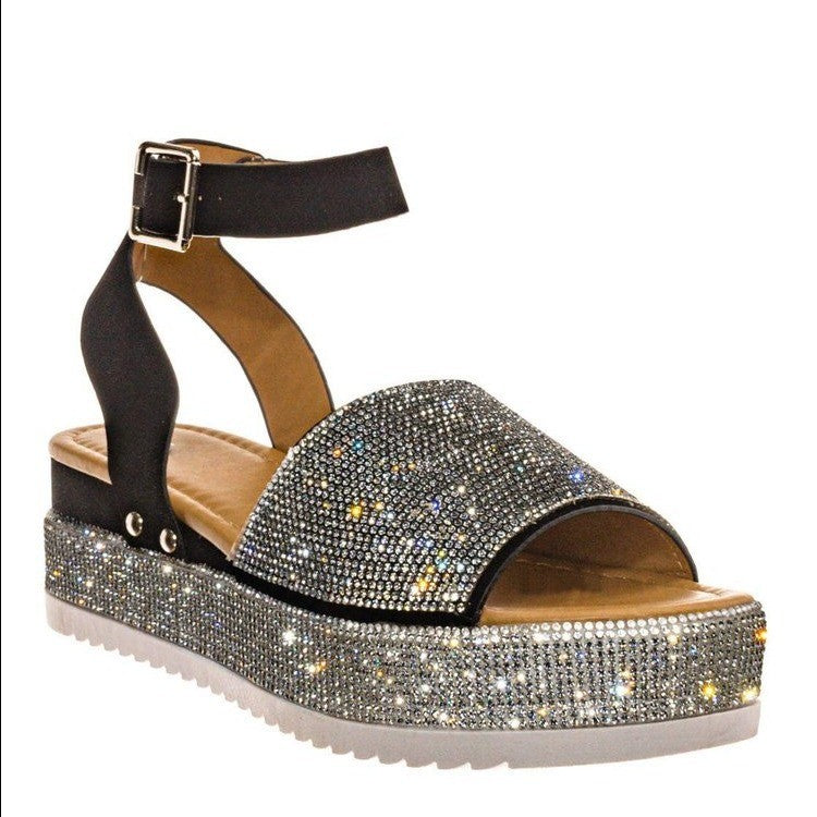 Women's rhinestone platform sandals open toe chunky sole cushioned sparkle embellished wedge