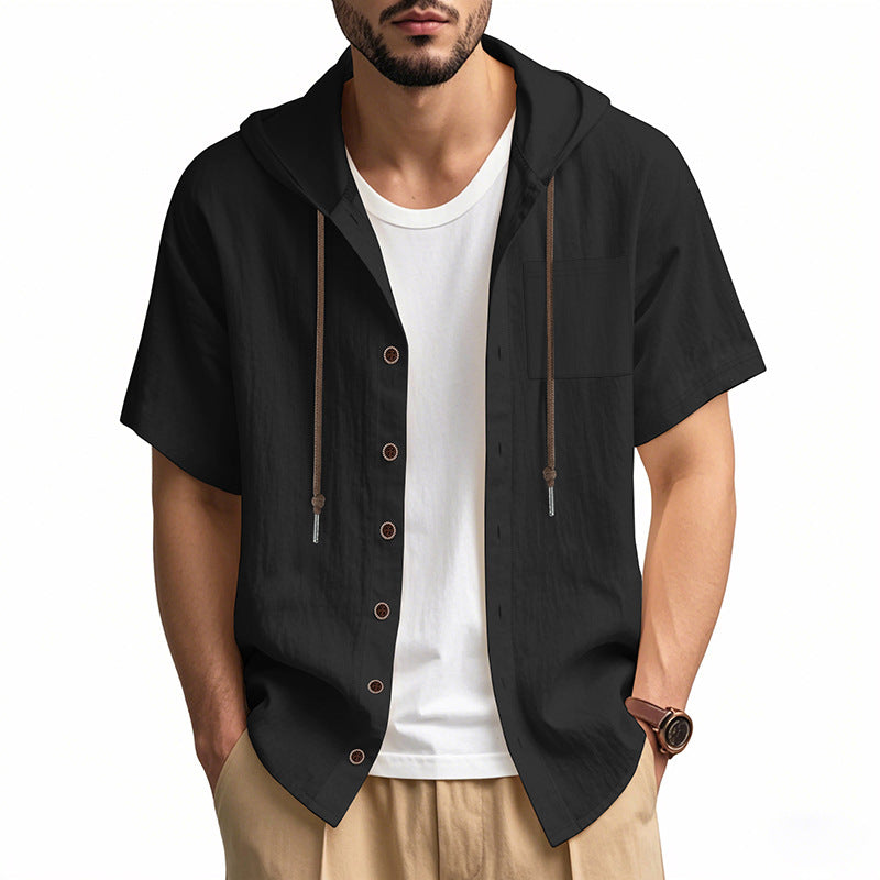 Men's linen-blend hoodie shirt short sleeves relaxed fit breathable lightweight summer casual