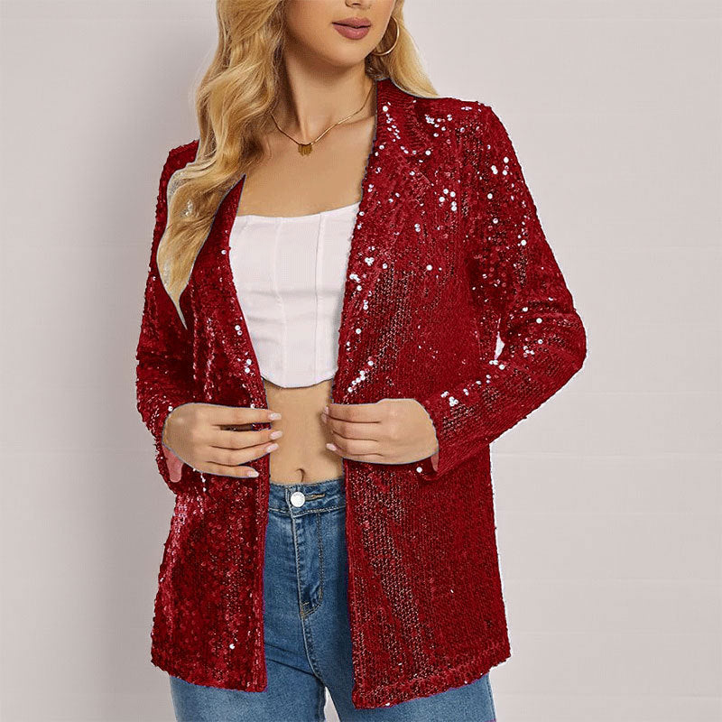 Women's silver sequin blazer tailored fit open front long sleeves elegant evening wear