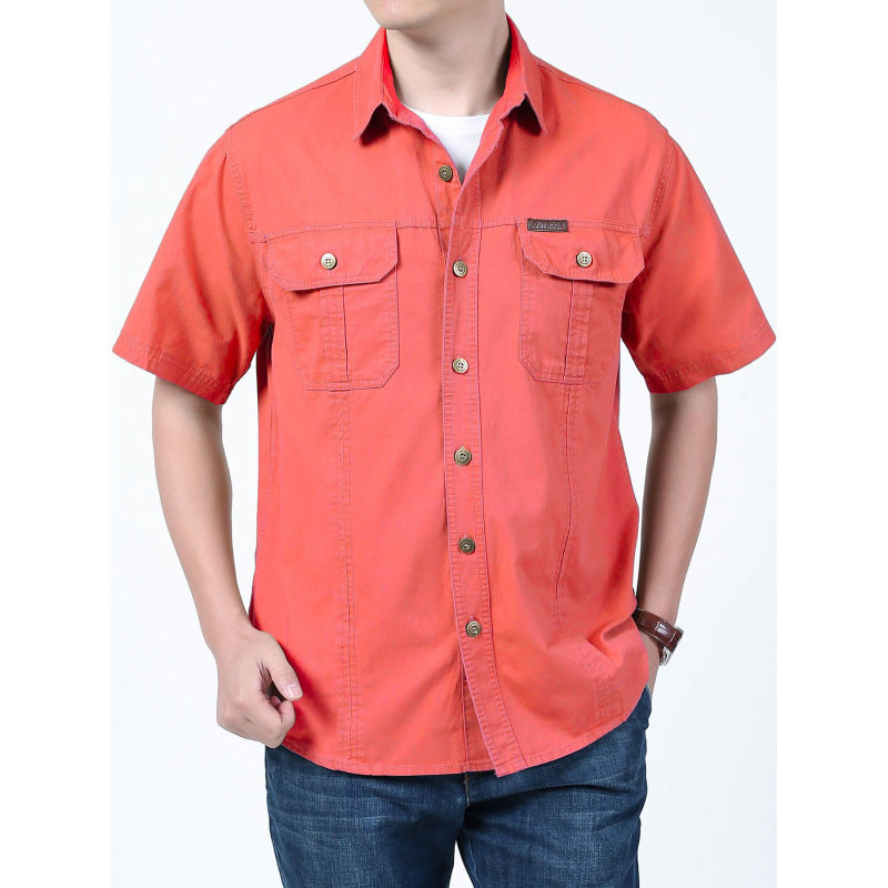 Men's relaxed fit short sleeve cotton blend shirt with dual chest pockets, casual everyday style