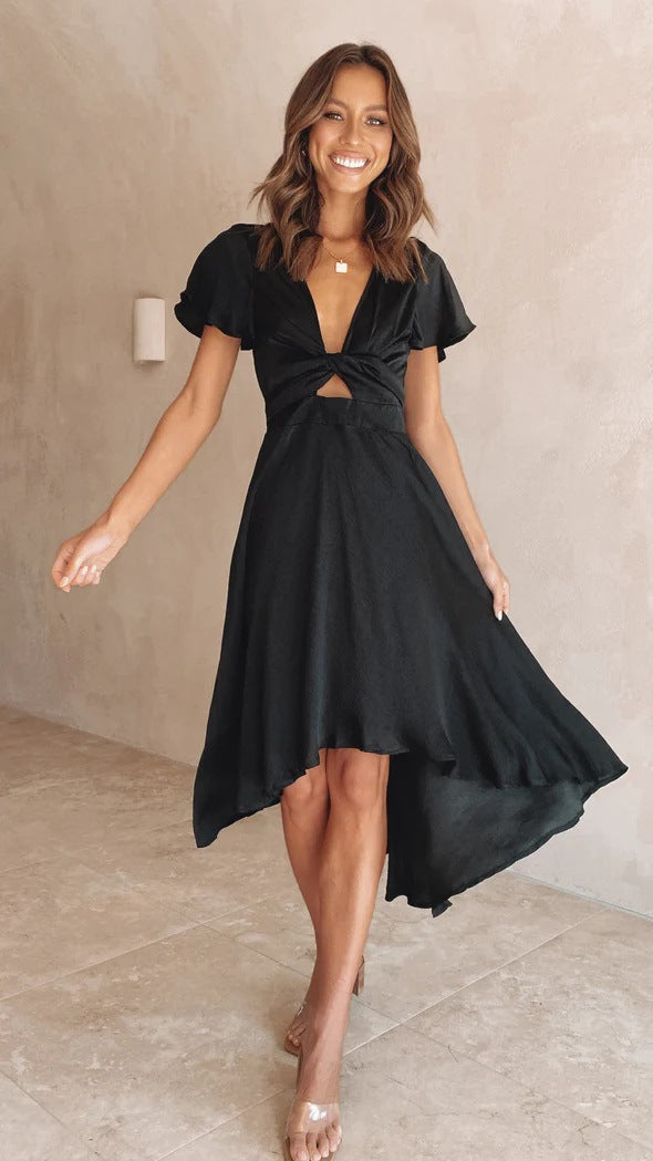 Women's midi dress with V-neck wrap waist, soft sleeves, asymmetric hem for day-to-night versatility