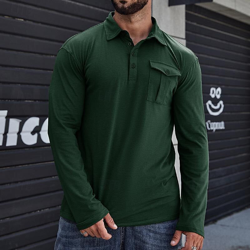 Men's long sleeve Henley polo shirt breathable cotton regular fit with chest pocket casual classic