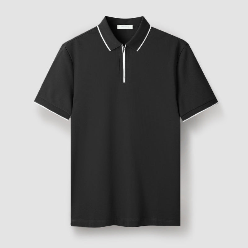Men's light blue textured knit zip-up polo, breathable stretch fabric with subtle dimension