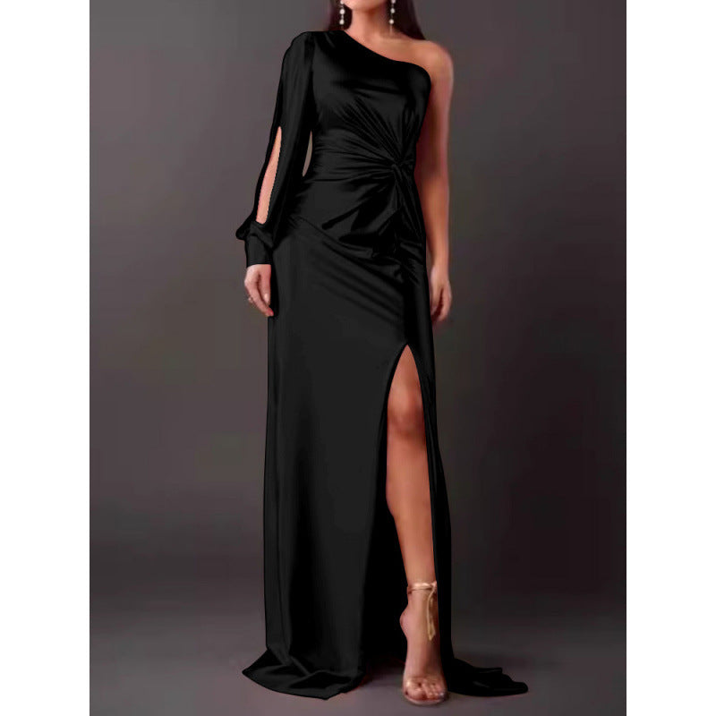 Satin maxi dress single shoulder slim fit high slit elegant evening gown women formal wear
