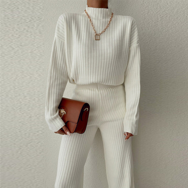 Women's ribbed knit lounge set relaxed fit long sleeve top wide leg pants semi-high neck