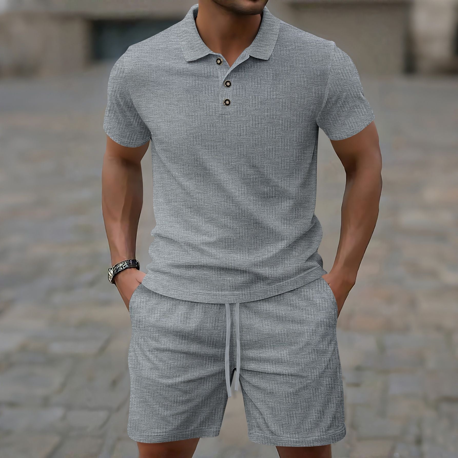 Men's slim fit short sleeve casual tee with breathable texture and button closure for everyday style