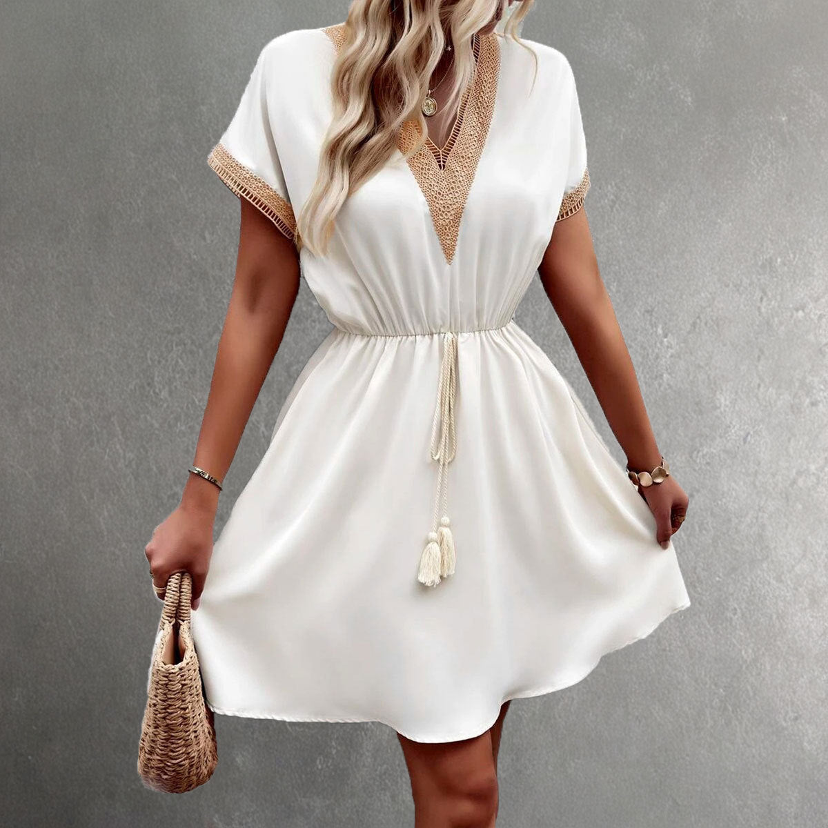 Women's flowy mini dress with V-neck lace trim, elastic waist, lightweight summer style