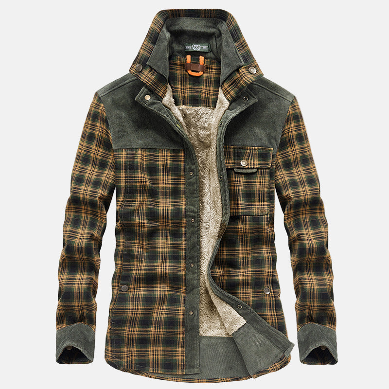 Plaid flannel shirt jacket with sherpa fleece lining, corduroy contrast, relaxed unisex fit