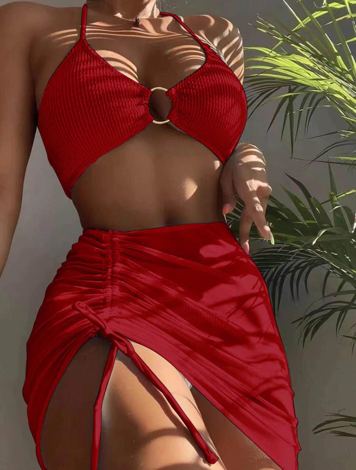 Solid color halter neck three-piece bikini set with cover-up, chic flattering swimwear for women