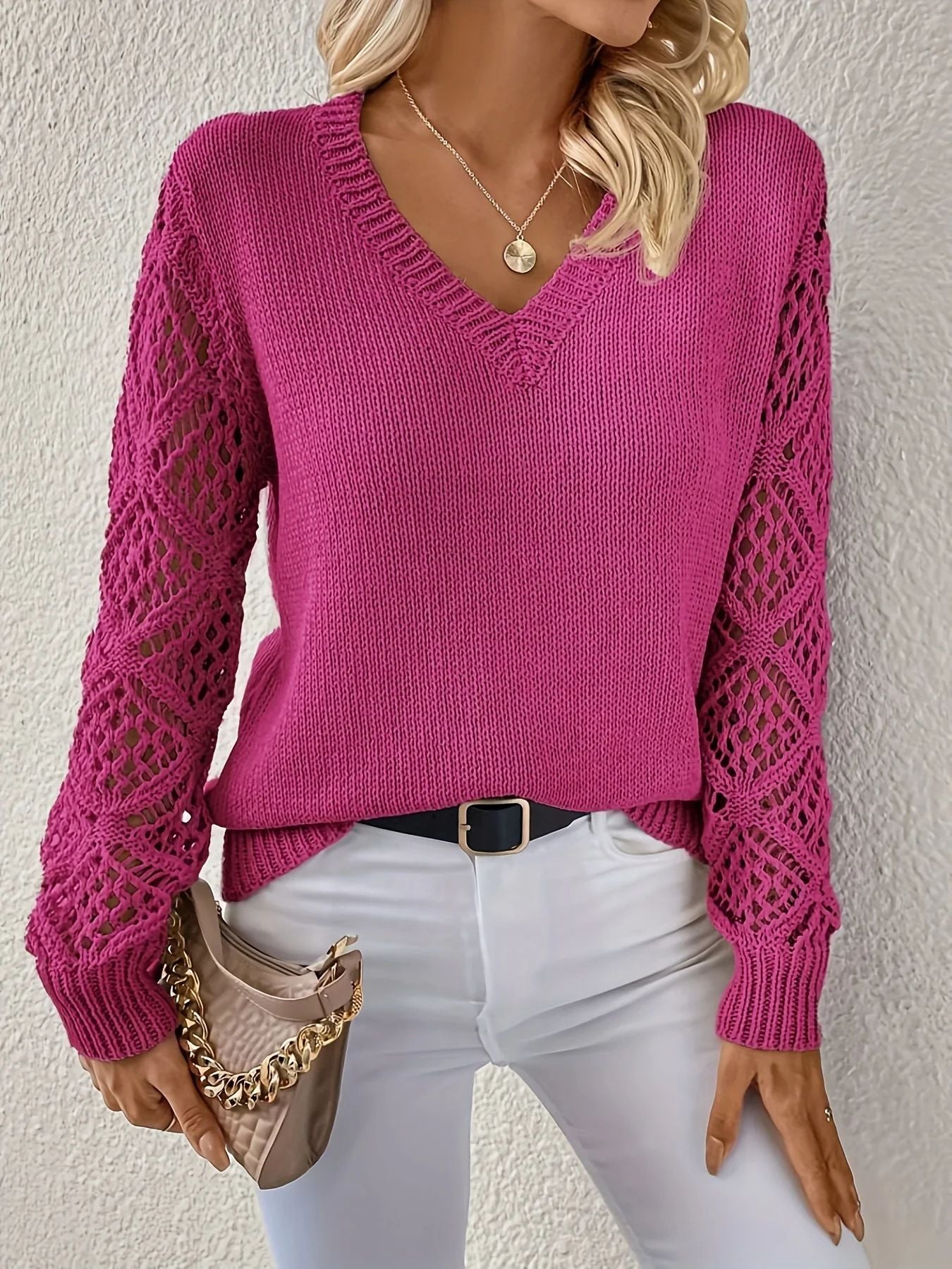 Women's beige V-neck knit sweater with open-work crochet sleeves, relaxed fit for effortless layering
