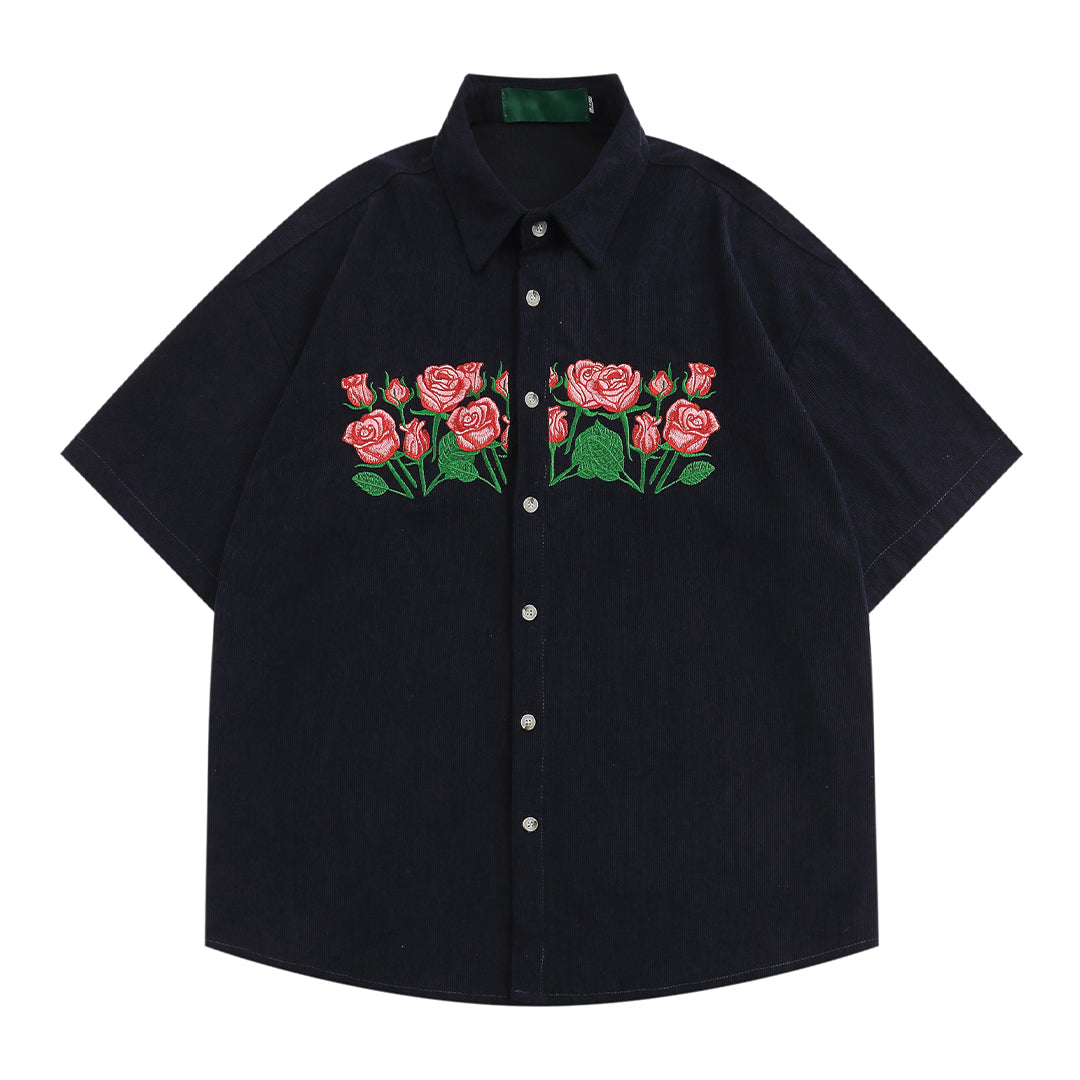Women's pink corduroy shirt with twin rose bouquet embroidery, casual chic relaxed fit