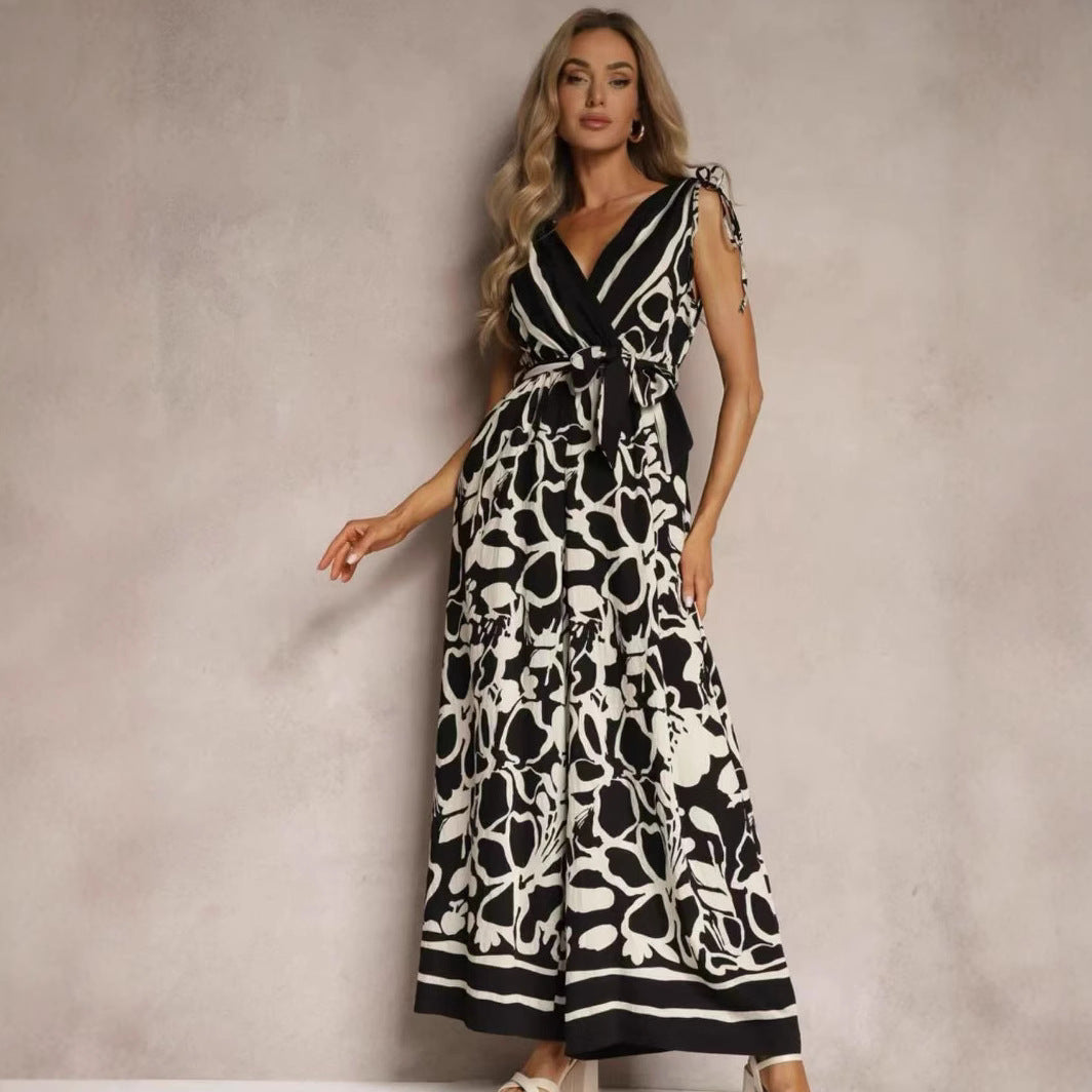 Women's sleeveless printed jumpsuit relaxed fit V-neck tie belt ankle length casual chic