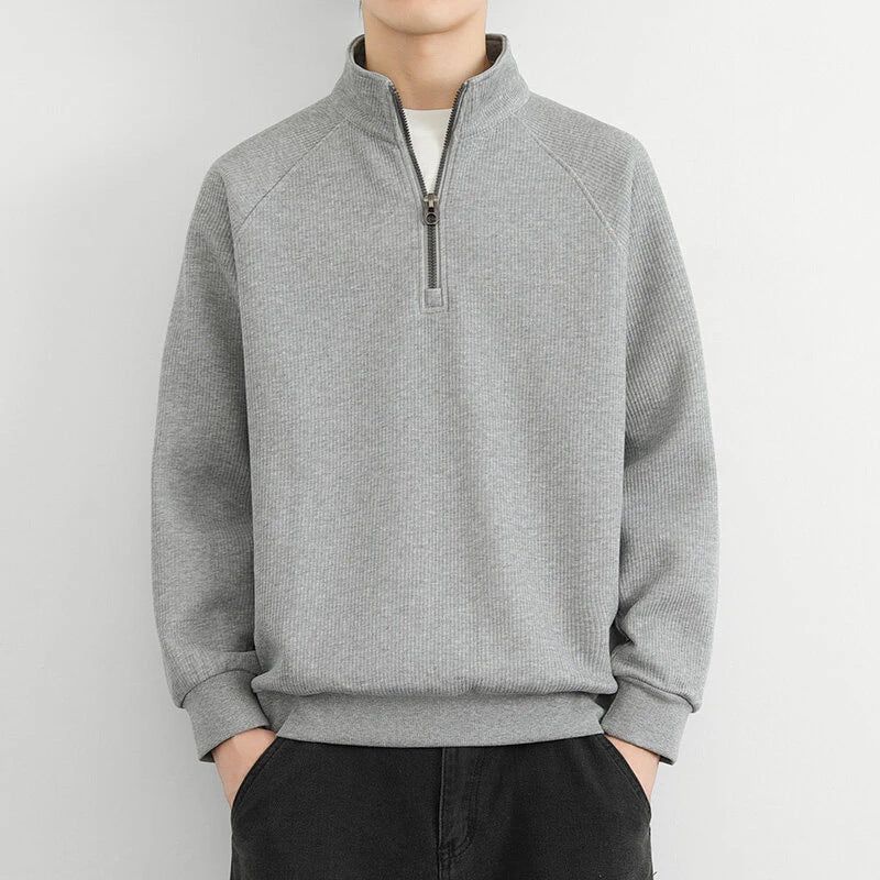 Men's ribbed half-zip sweatshirt high collar casual pullover cotton blend textured knit