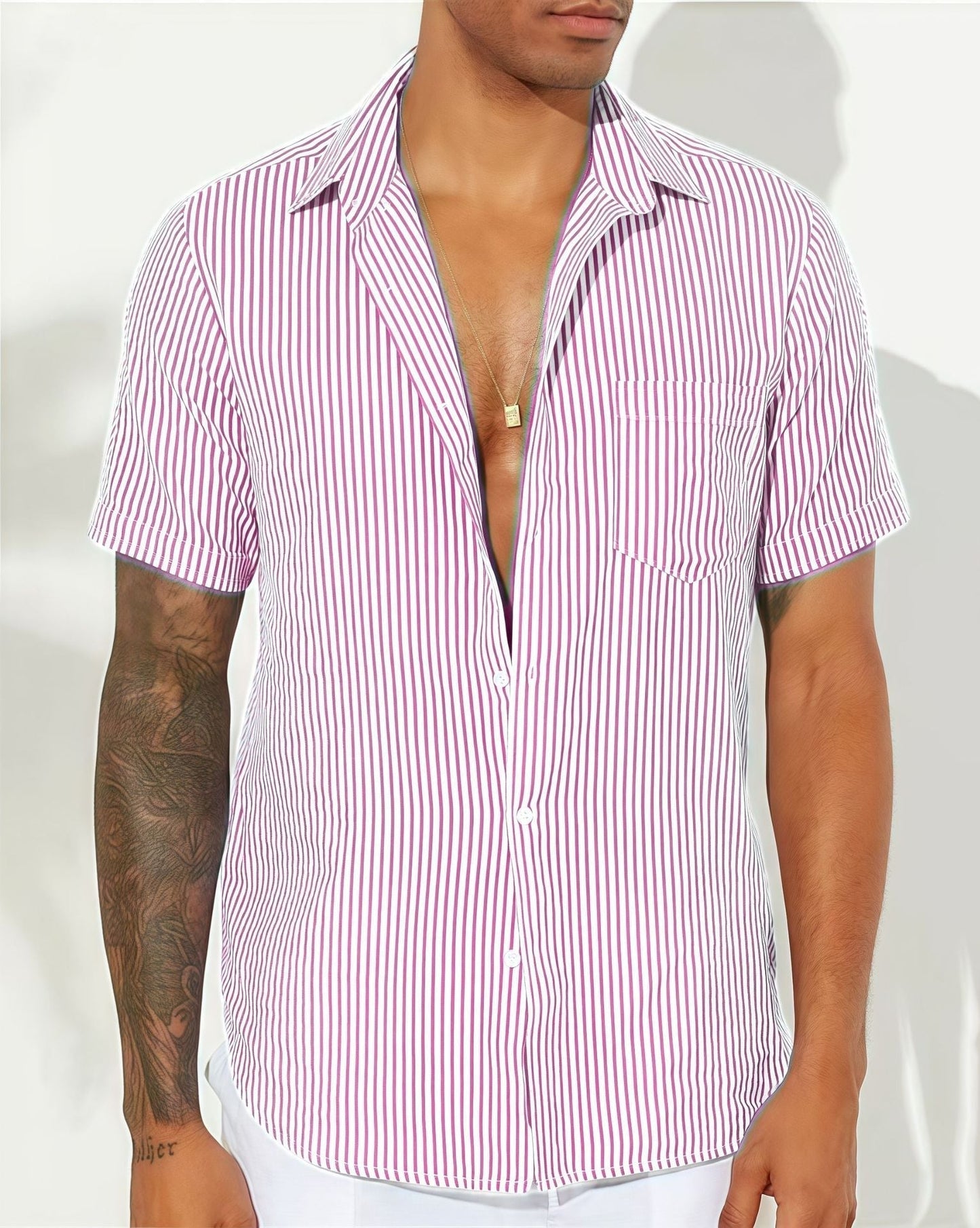 Men's relaxed fit short sleeve button-up shirt vertical stripes breathable cotton blend casual style