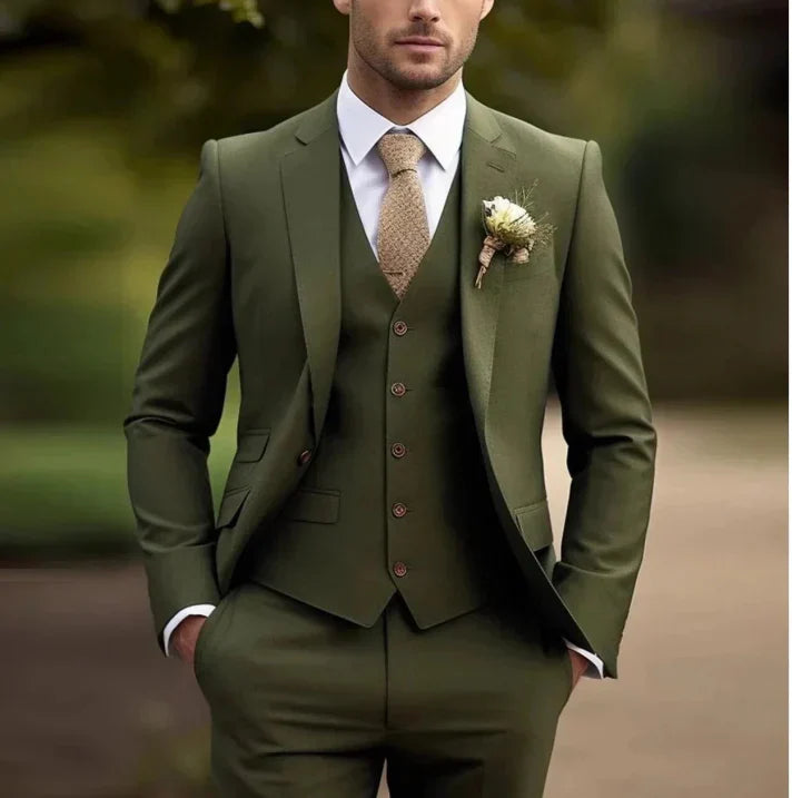 Men's slim fit three-piece wedding suit with vest and trousers, classic formal style for groomsmen
