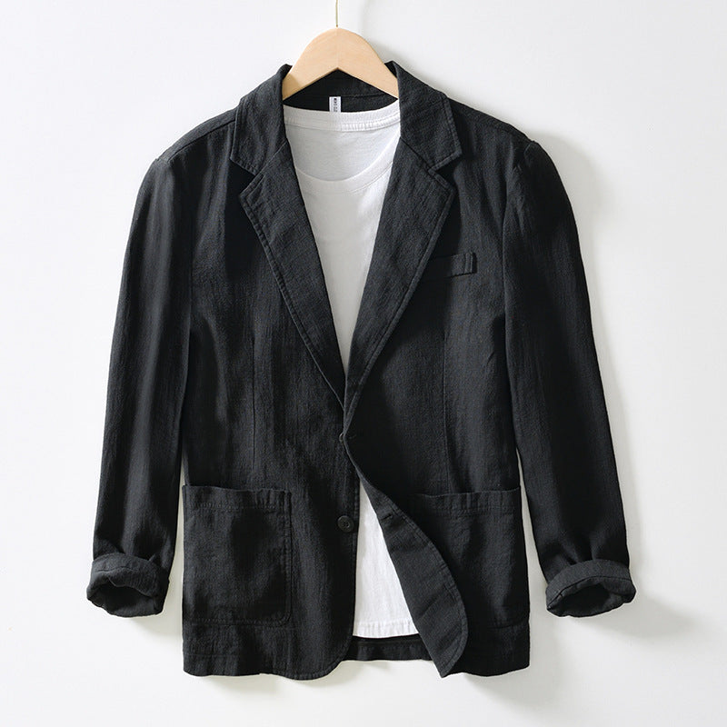 Men's beige cotton linen blend relaxed fit single breasted blazer with front pockets
