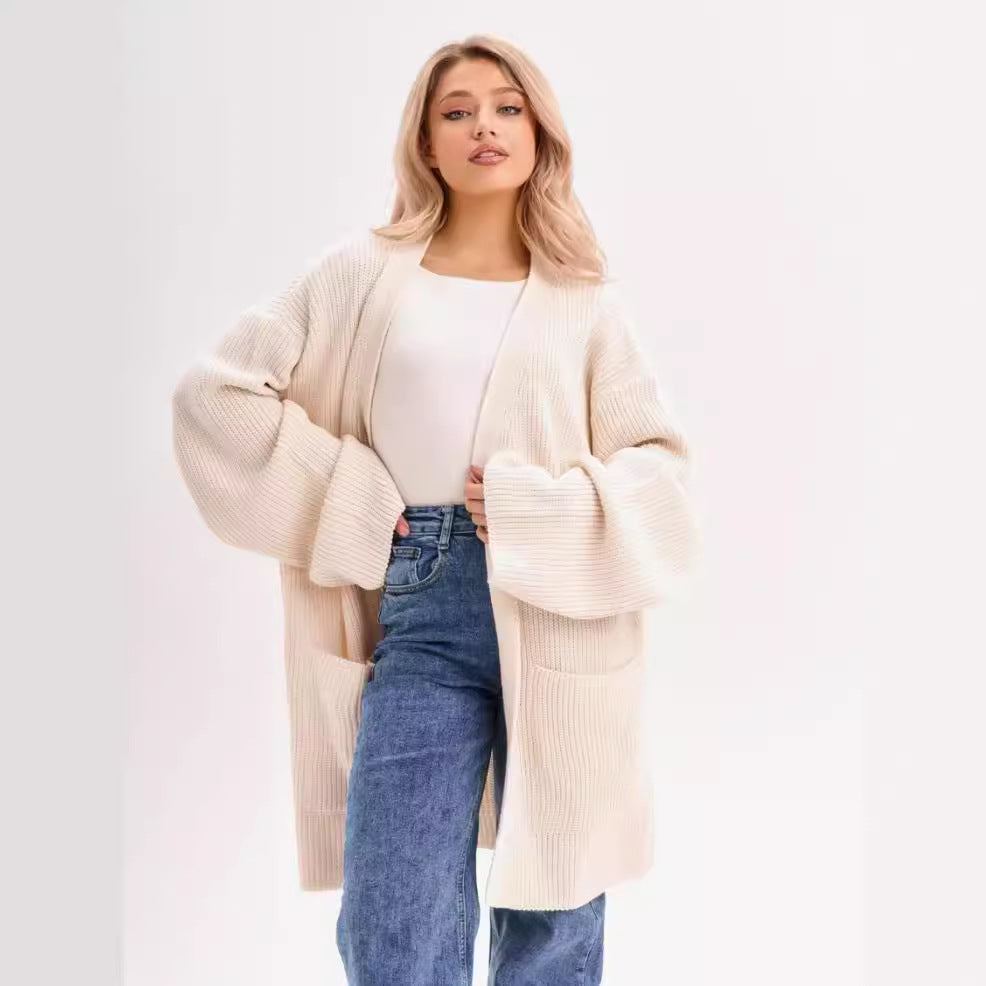 Women's oversized knit cardigan cozy chic essential with pockets, soft fiber blend layering piece