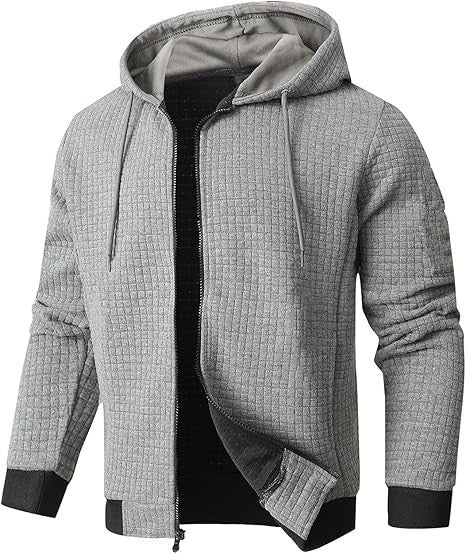 Men's navy quilted bomber jacket hooded full-zip waffle knit texture with side pockets fall style